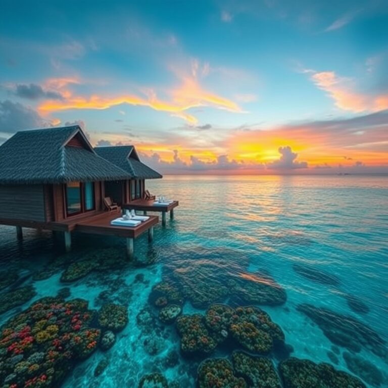 Luxury water villas surrounded by vibrant coral reef, calm turquoise ocean, dramatic sunset sky, tropical escape.